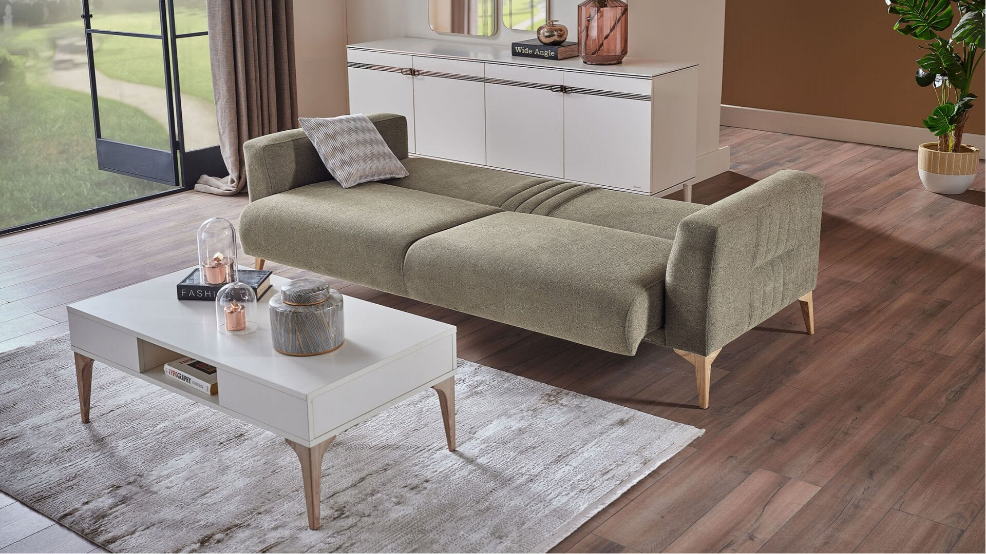 Nadia 3er-Sofa - Grün - Eiche-Füße