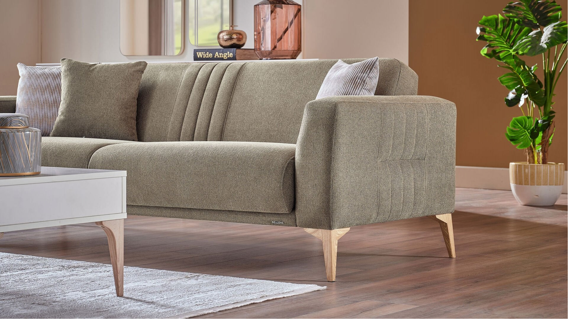 Nadia 3er-Sofa - Grün - Eiche-Füße