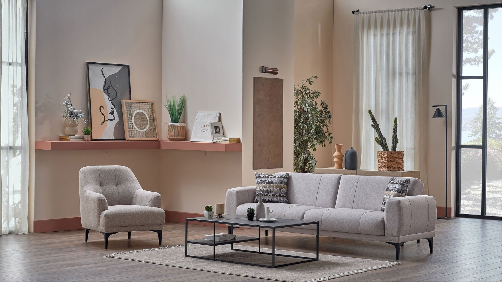 Porto 3er-Sofa - Creme - Schwarz-Füße