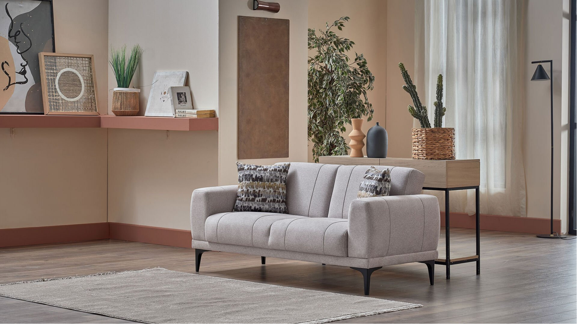 Porto 2er-Sofa - Creme - Schwarz-Füße
