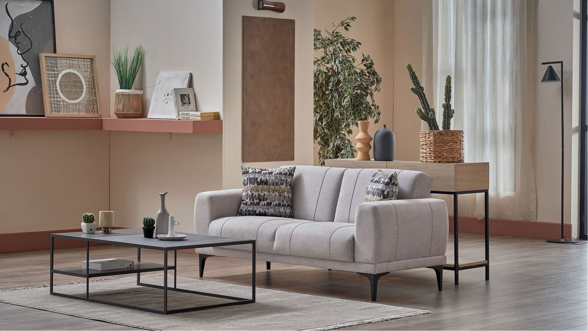 Porto 2er-Sofa - Creme - Schwarz-Füße