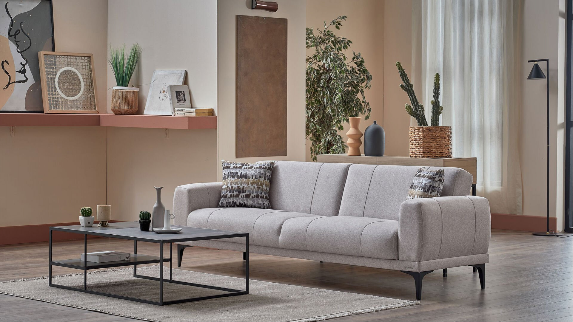 Porto 3er-Sofa - Creme - Schwarz-Füße