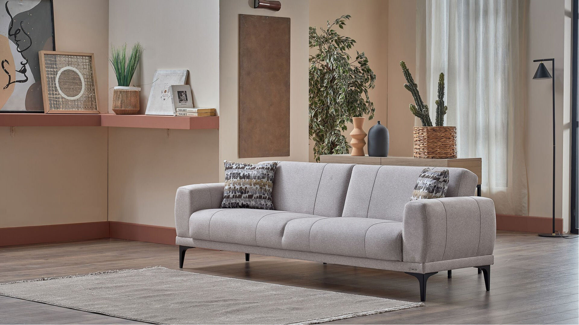 Porto 3er-Sofa - Creme - Schwarz-Füße
