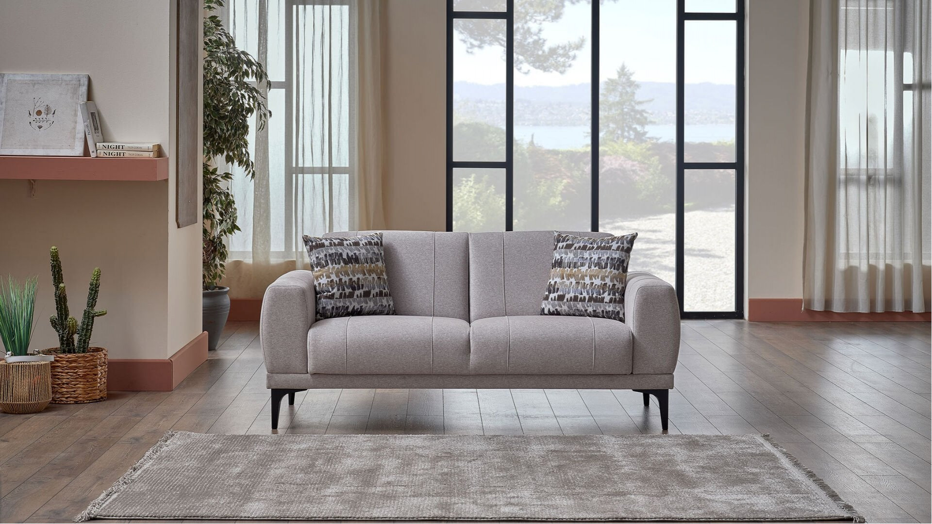 Porto 2er-Sofa - Creme - Schwarz-Füße