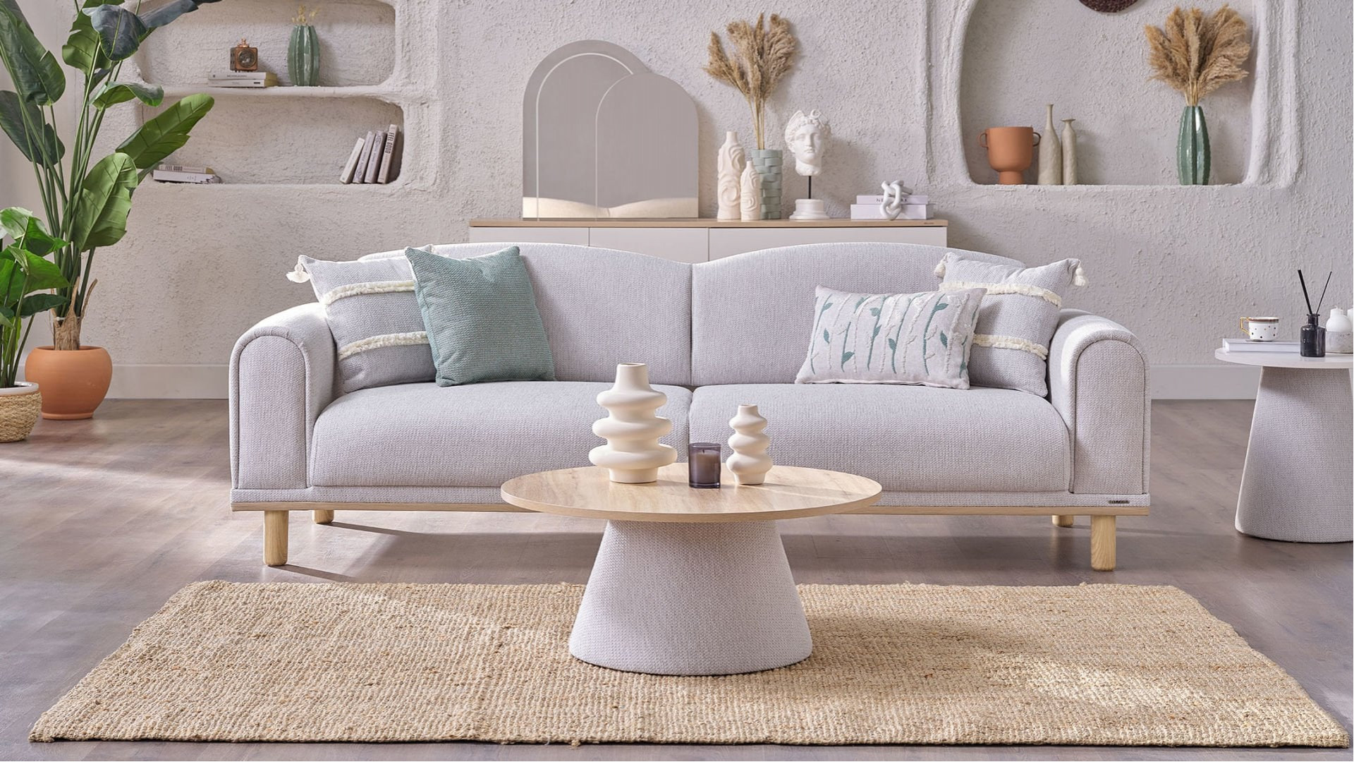 Boheems 3er-Sofa - Creme - Grün Kırlent